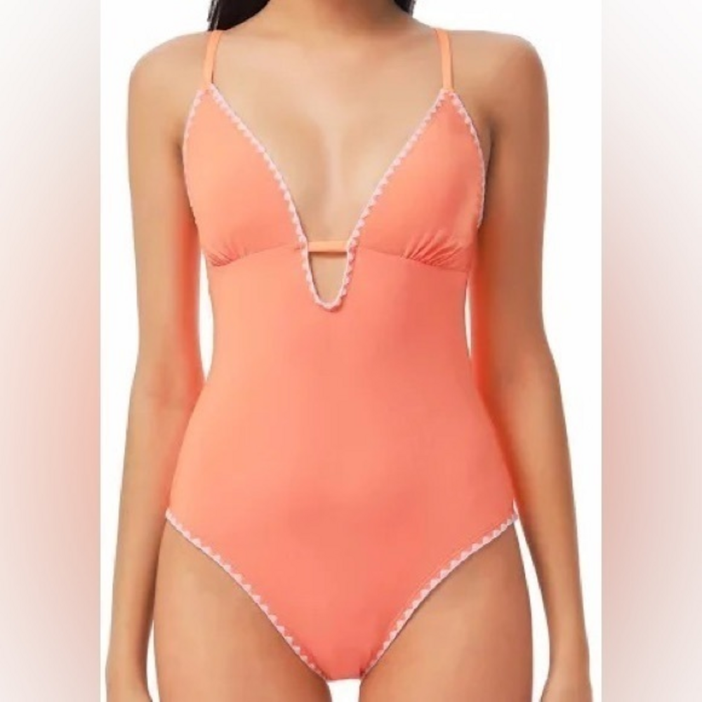 Lucky Brand Shell Stitch Tangerine One Piece plung Neck Swimsuit‎ size Medium